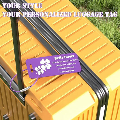 4 PCS Personalized Luggage Tags for Suitcases, Custom Aluminum Luggage Tags for Bags and Backpacks, Waterproof & Heavy Duty Personalized Metal Name Tags for Travel (Purple)
