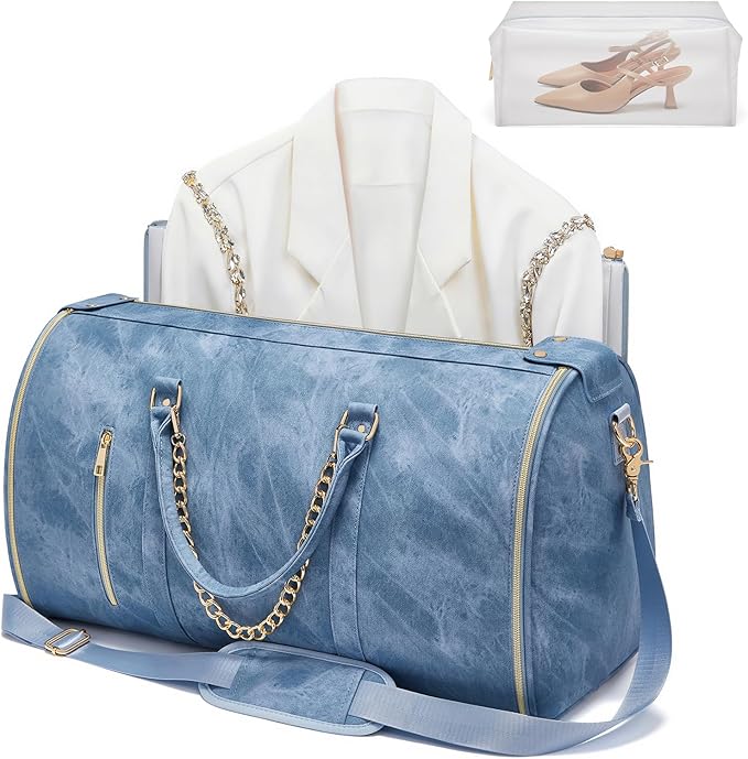 Garment Duffle Bag for Travel, Convertible 20.5×10×12.5 Inch Carry On Garment Bag for Women, Foldable Travel Bags with Shoe Compartment & Toiletry Pocket for Business Trip, Vacation, Blue