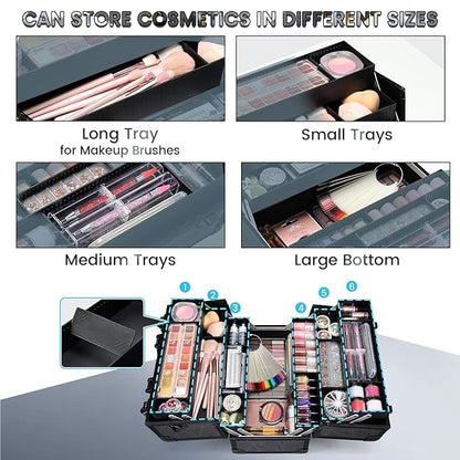 FRENESSA Makeup Case Extra Large Makeup Train Case 12.6 Inch Makeup Box Organizer Profressional Make Up Cases Storage Cosmetic Artist Travel Case with Divider Shoulder Strap Hard Vanity Dark Black