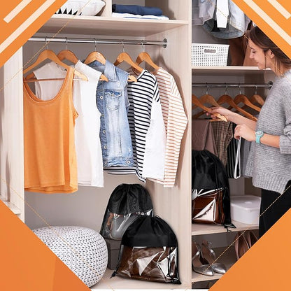 Shappy 12 Pcs Dustproof Drawstring Bags Purse Dust Storage Bags for Handbags Covers Non Woven Fabric Cloth Pouch String Packing Organizer Shoe Pouch(Assorted Sizes,Black)