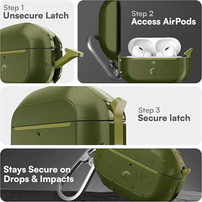 Keybudz for AirPods Pro 2 Case with Lock - Fully Waterproof AirPods Pro 2nd Generation Case Cover - Keychain, Rugged Tough Protection, Hard Shell and Carabiner for USB-C/Lightning (Forest Green)