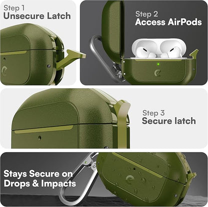 Keybudz for AirPods Pro 2 Case with Lock - Fully Waterproof AirPods Pro 2nd Generation Case Cover - Keychain, Rugged Tough Protection, Hard Shell and Carabiner for USB-C/Lightning (Forest Green)