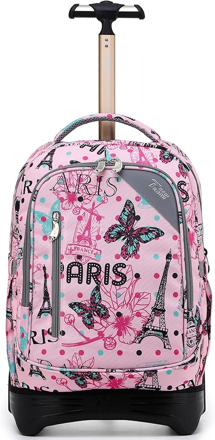 NEW TILAMI 18 Inch Rolling Backpack with Wheels for Girls Boys Kids Laptop Backpack School Travel, Pink Paris Cute