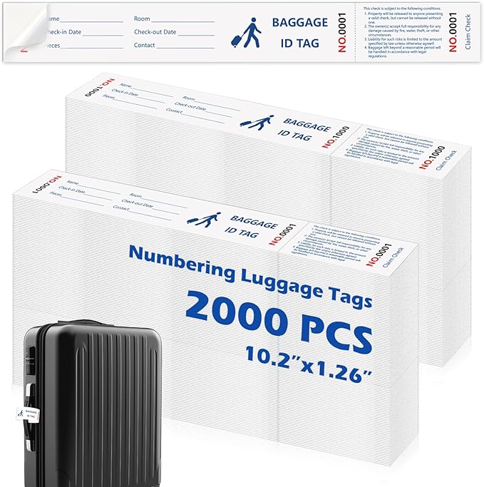 2000 Pcs Paper Hotel Luggage Tags with Transfer Tape On Back Luggage Tags Bulk Blue Baggage Claim Check Tags Serial Numbering Claim Ticket Baggage Identification for Suitcase Motel Bag Storage