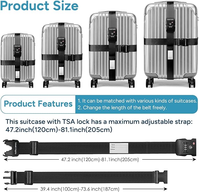 Travel Inspira TSA Lock Luggage Straps for Suitcases | Anti-Burst Protection, High Visibility Color, Easy Identification | Adjustable Heavy-Duty Belt for 20-32 Inch Suitcases
