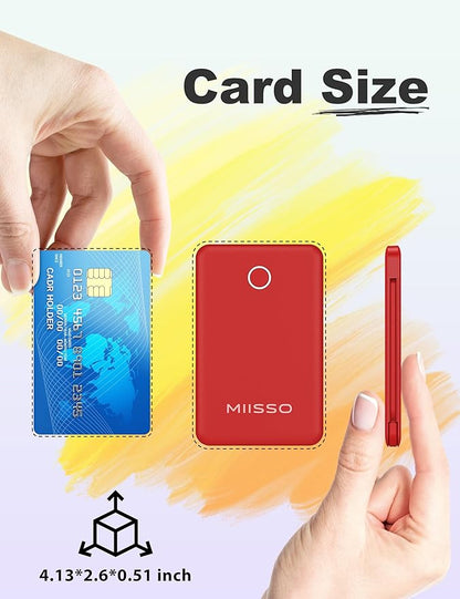 miisso 6000mah Ultra Slim Built in Cables Power Bank, Card Size Built in USB C Cords Battery Pack Portable Charger for Phones, 3 Output External Battery Pack Compatible with iPhone, Red