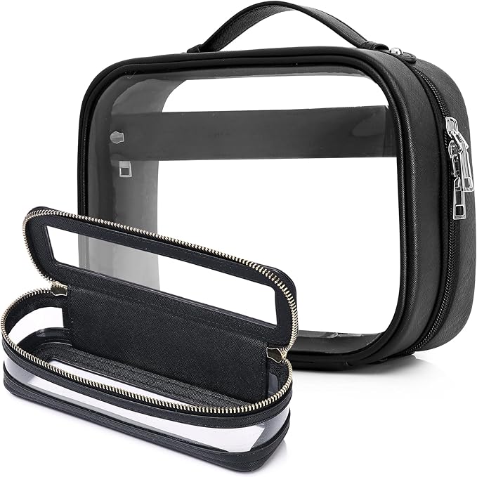 Pinkmik Travel Makeup Bag Set Portable Clear Cosmetic & Toiletry Case Women's Purse Organizer and Car Essentials with Zipper (Black, M+SLIM-2)