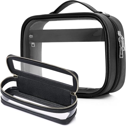 Pinkmik Travel Makeup Bag Set Portable Clear Cosmetic & Toiletry Case Women's Purse Organizer and Car Essentials with Zipper (Black, M+SLIM-2)