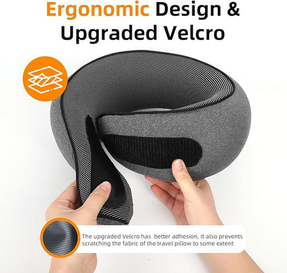 Travel Neck Pillows for Airplanes, Premium 100% Memory Foam Neck Pillow with Alternative Cooling Ice Silk Cover - Upgrade Liner Enables Easy Pillowcase Cleaning, Travel Pillow Fits Plane, Car, Train