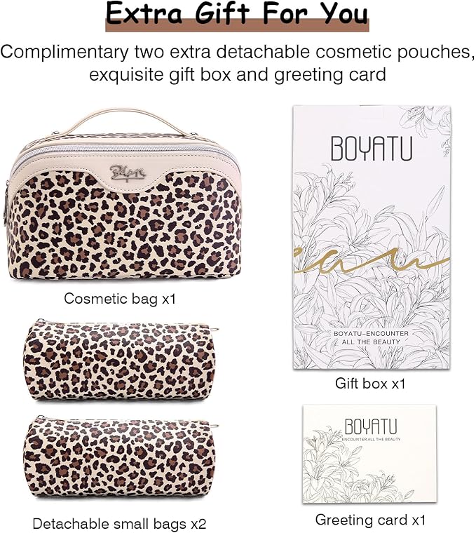 BOYATU Travel Makeup Bag for Women: 3 Pcs Set Portable Make up Bags with Handle - Leopard Print Cosmetic Bags with Comparments - Waterproof Vegan Leather Toiletry Bag (A-1-Beige)