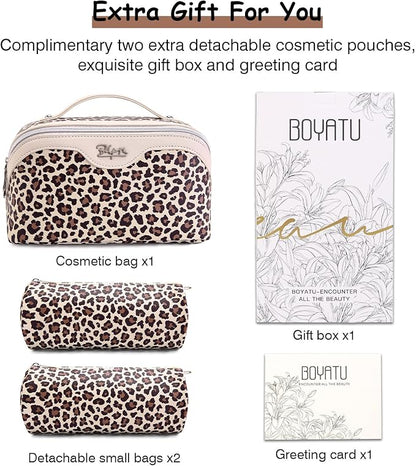 BOYATU Travel Makeup Bag for Women: 3 Pcs Set Portable Make up Bags with Handle - Leopard Print Cosmetic Bags with Comparments - Waterproof Vegan Leather Toiletry Bag (A-1-Beige)