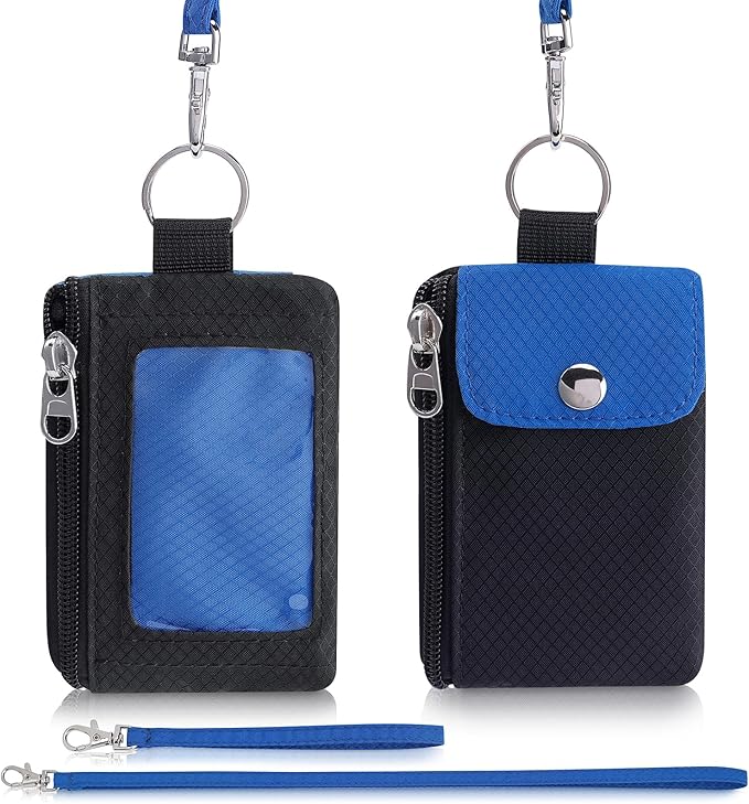 Minimalist Wallet For Mens Womens, Keychain RFID Blocking Zipper Small Wallet with ID Window 2 Lanyards,Water Resistant Travel Cash Card Coin Case Boys Girls