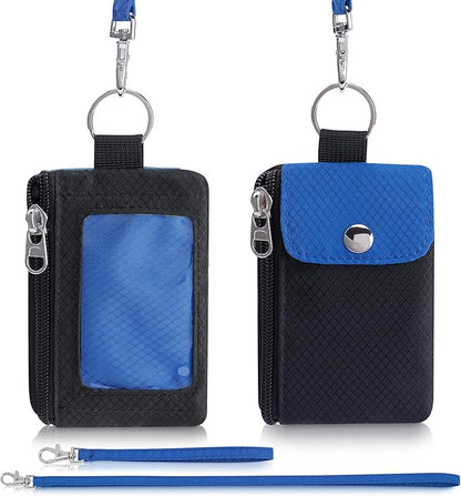 Minimalist Wallet For Mens Womens, Keychain RFID Blocking Zipper Small Wallet with ID Window 2 Lanyards,Water Resistant Travel Cash Card Coin Case Boys Girls