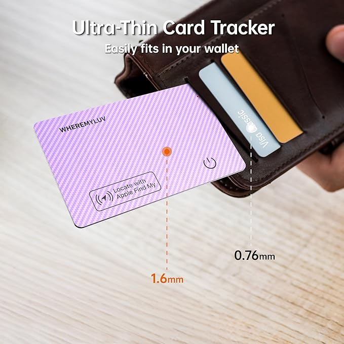 WHEREMYLUV-Item-Finder-for-Wallet, Ultra Thin Bluetooth Tracker Card Compatible with Apple Find My, Rechargeable GPS Locator, IPX8 Waterproof, Slim Smart Card for Men & Women (Purple)