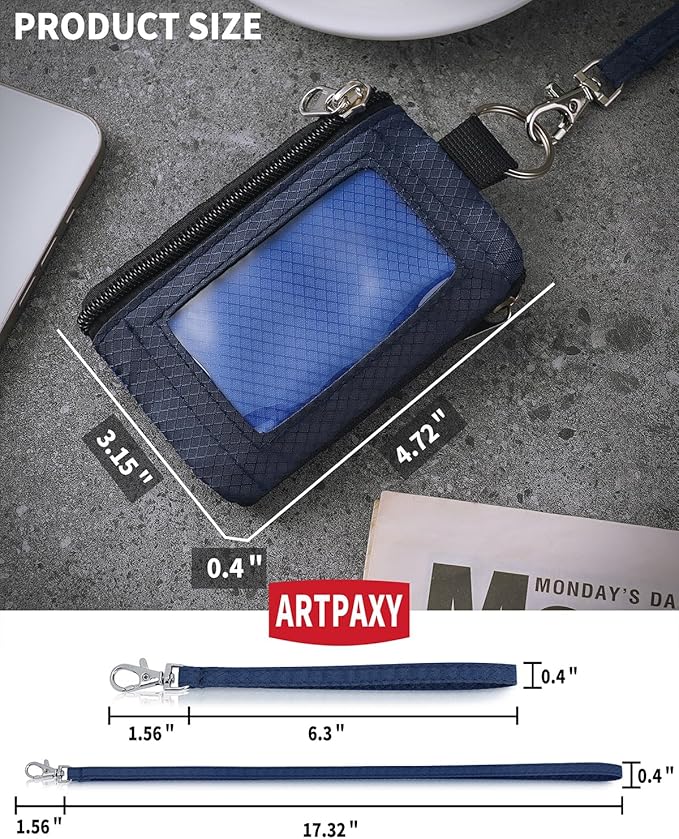 Minimalist Wallet For Mens Womens, Keychain RFID Blocking Zipper Small Wallet with ID Window 2 Lanyards,Water Resistant Travel Cash Card Coin Case Boys Girls
