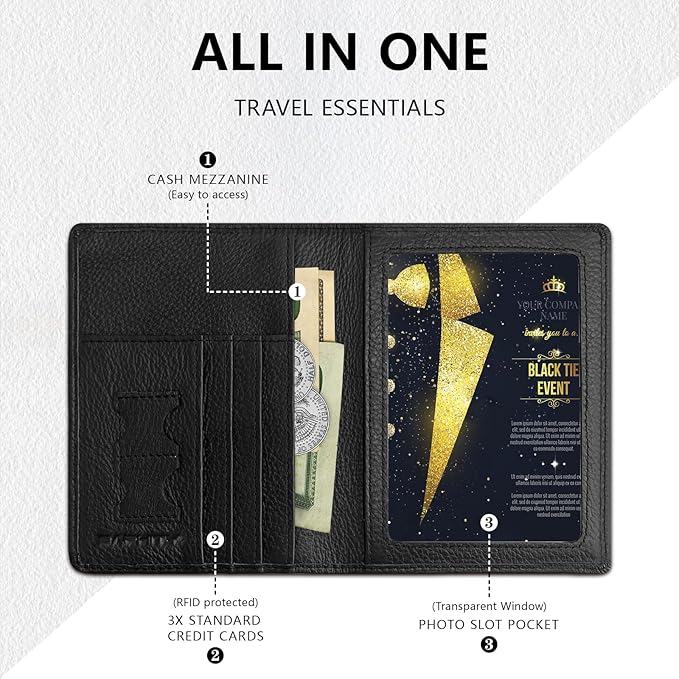 Genuine Leather Passport Holder Wallet Cover for Women and Men,Rfid Travel Wallet Passport Document Holder with Zipper Pocket Gift for Women and Men - Black