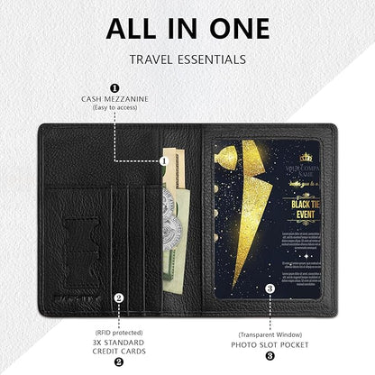 Genuine Leather Passport Holder Wallet Cover for Women and Men,Rfid Travel Wallet Passport Document Holder with Zipper Pocket Gift for Women and Men - Black