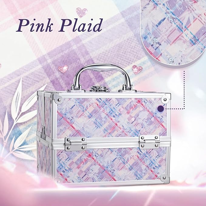 FRENESSA Makeup Train Case 8.85 Inch Portable Makeup Case Organizer Cosmetic Box Make Up Box Makeup Organizer Cosmetic Storage Cases with Locking Nail Kit Organizer Small Travel Case Pink Plaid