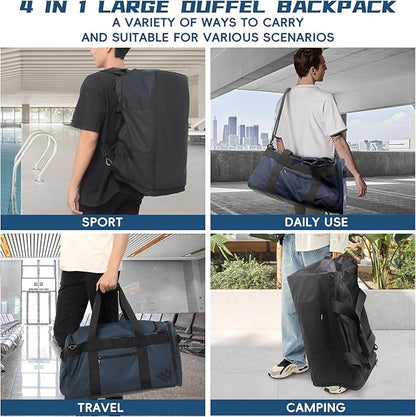 Duffle Backpack Heavy Duty Gym Bag for Men, 50L Convertible Travel Duffel Water Resistant Large Hand Bag for Sport Weekend, Black