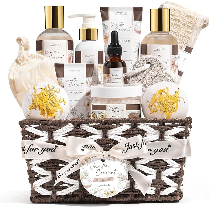 Christmas Birthday Gifts for Women, Vanilla Coconut Relaxing Spa Gift Baskets for Women Self Care Package Bath Gift Set, Home Bath and Body Kit Pampering Gifts for Womens Mom Her Friends Sister Wife