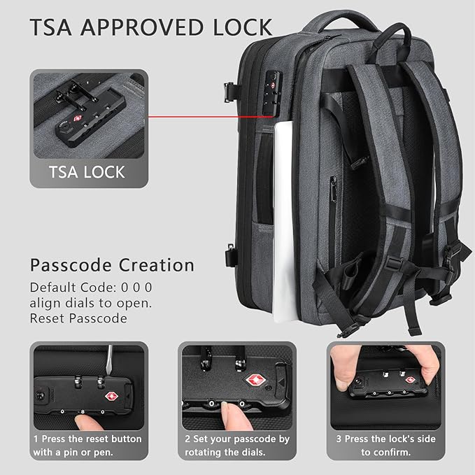 Vacuum Seal Travel Backpack 45L - Expandable Air Compression System, Water-Resistant, Carry-On Suitcase Luggage with TSA Lock Fits 18" Laptop - Vacuum Pump Included(Grey)