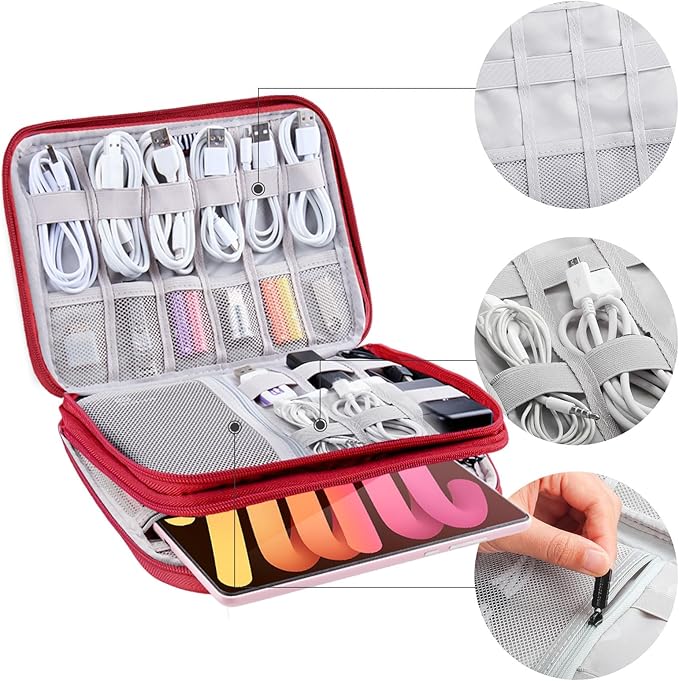 Electronics Organizer - Travel Cable Organizer Bag, Water Resistant Double Layers Pouch for Cord, iPhone, iPad Mini - Gift for Men Electronic Accessories Storage Case with 5 Cable Ties, Red