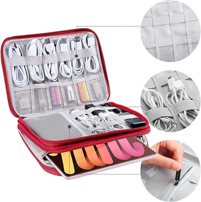Electronics Organizer - Travel Cable Organizer Bag, Water Resistant Double Layers Pouch for Cord, iPhone, iPad Mini - Gift for Men Electronic Accessories Storage Case with 5 Cable Ties, Red