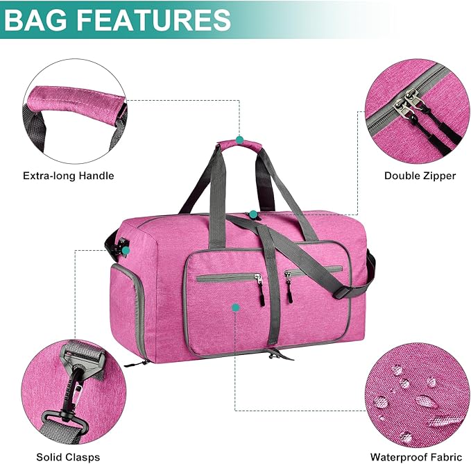 Dimayar 40L Travel Duffle Bag for Men Women - Foldable Duffel Bag with Shoes Compartment - Overnight Bags Waterproof & Tear Resistant(Rouge Pink)