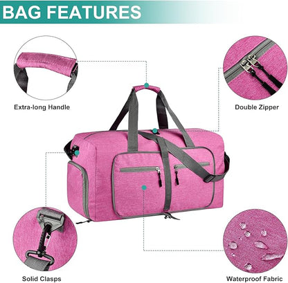 Dimayar 40L Travel Duffle Bag for Men Women - Foldable Duffel Bag with Shoes Compartment - Overnight Bags Waterproof & Tear Resistant(Rouge Pink)