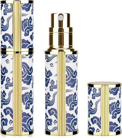 LUEXBOX Portable Perfume Bottle for Travel, Mini Refillable Perfume Dispenser, 5ml Faux Leather Leak Proof Perfume Atomizers, Blue and White Bottles Sprayer for Pocket Perfume (Blue Cloud)