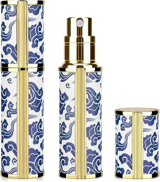 LUEXBOX Portable Perfume Bottle for Travel, Mini Refillable Perfume Dispenser, 5ml Faux Leather Leak Proof Perfume Atomizers, Blue and White Bottles Sprayer for Pocket Perfume (Blue Cloud)