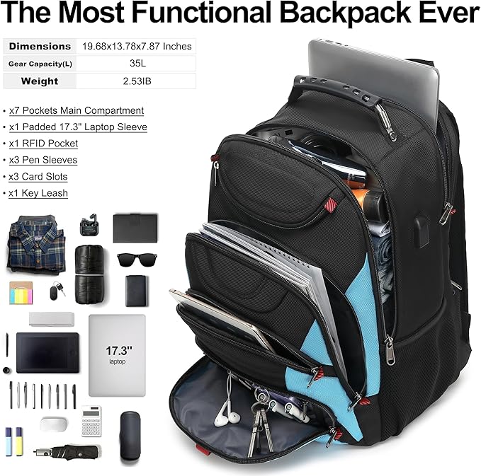 Boavan Laptop Backpack for men, 17.3 inch Laptop Bag with USB Port, Waterproof Travel Work Backpack Purse, Anti-Theft Teacher Nurse Doctor Casual Bookbags Office Business backpack，Black&Sky Blue