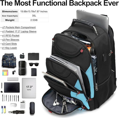 Boavan Laptop Backpack for men, 17.3 inch Laptop Bag with USB Port, Waterproof Travel Work Backpack Purse, Anti-Theft Teacher Nurse Doctor Casual Bookbags Office Business backpack，Black&Sky Blue