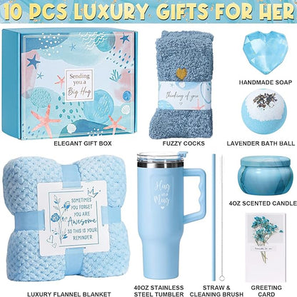 Birthday Gifts for Women Self Care Gifts Get Well Soon Gifts, Ocean Relaxing Spa Gifts Basket Care Package w/ Flannel Blanket 40 OZ Tumbler, Christmas Gifts for Mom Wife Grandma Friends Sisters Her