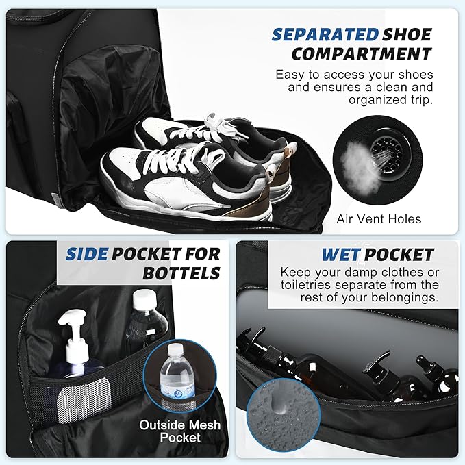 Duffle Bag for Men Travel Duffel Bags with Shoe Compartment Carry On Bag with Luggage Sleeve Overnight Weekend Gym Bag with Wet Pocket Carry On Luggage Bags