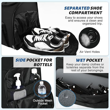Duffle Bag for Men Travel Duffel Bags with Shoe Compartment Carry On Bag with Luggage Sleeve Overnight Weekend Gym Bag with Wet Pocket Carry On Luggage Bags