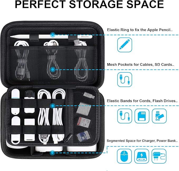 Lacdo Hard Travel Electronic Organizer Case for MacBook Power Adapter Charger, Cables, Apple Pencil, Mouse, Power Bank, USB Flash Disk,SD Card Small Protective Portable Accessories & 3 Cable Tie,Black