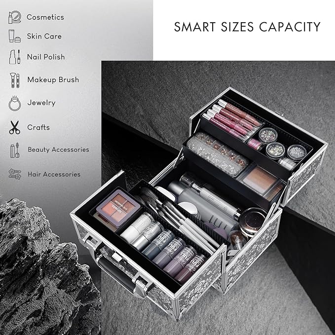 Frenessa Makeup Case Makeup Box Cosmetic Organizer Case Portable Make Up Travel Case Storage Box 4 Trays with Dividers Lockable Hard Train Case Nail Tech Supply Storag Silver Floral