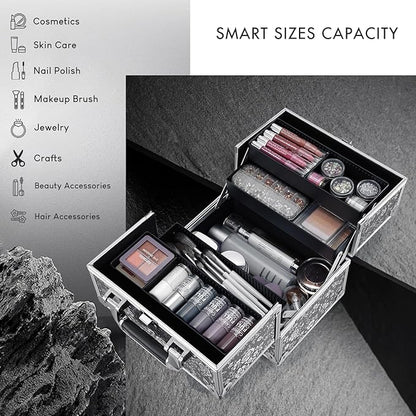Frenessa Makeup Case Makeup Box Cosmetic Organizer Case Portable Make Up Travel Case Storage Box 4 Trays with Dividers Lockable Hard Train Case Nail Tech Supply Storag Silver Floral