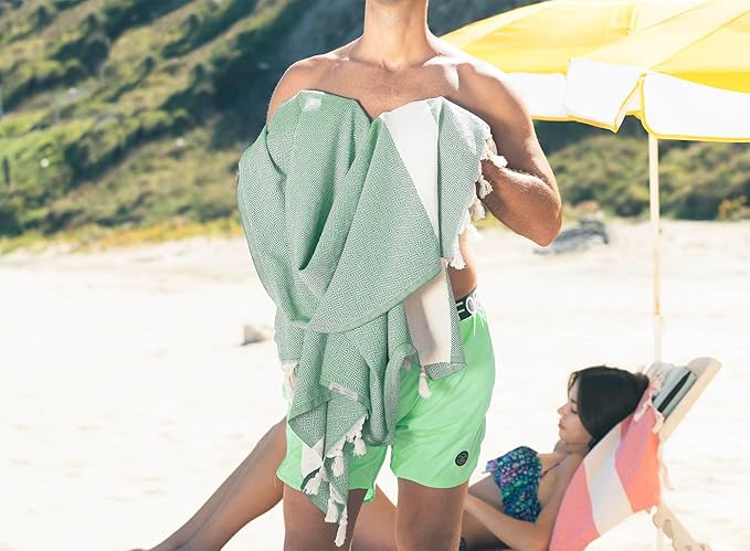 Bazaar Anatolia Turkish Beach Towel – 100% Cotton, Quick Dry, Sand Free Towel for Bathroom, Camping, Travel, Sage Olive – Oversized 71x39 Inches – Diamond Green