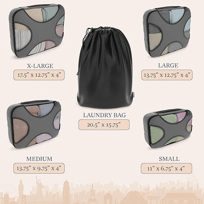 Shacke Premium 5 Packing Cubes Set - Lightweight Mesh Travel Luggage Organizers with Laundry Bag, 5-Piece Suitcase Storage System (Dark Grey)