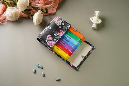 Pill Organizer,LIZIMANDU Weekly Travel Pill Case Box Medication Reminder Daily AM PM, Day Night 7 Compartments,for 4 Times A Day, 7 Days a Week-Includes Leather PU Carrying Case (Black Rose)