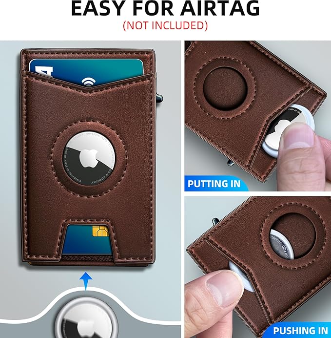 Airtag Wallet for Men,with Money Clip Gift Boxed,Slim Front Pocket Wallet RFID Blocking Metal Case Smart Pop-up Credit Card Holder in Magnetic Leather Flip