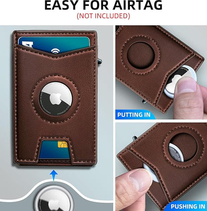 Airtag Wallet for Men,with Money Clip Gift Boxed,Slim Front Pocket Wallet RFID Blocking Metal Case Smart Pop-up Credit Card Holder in Magnetic Leather Flip
