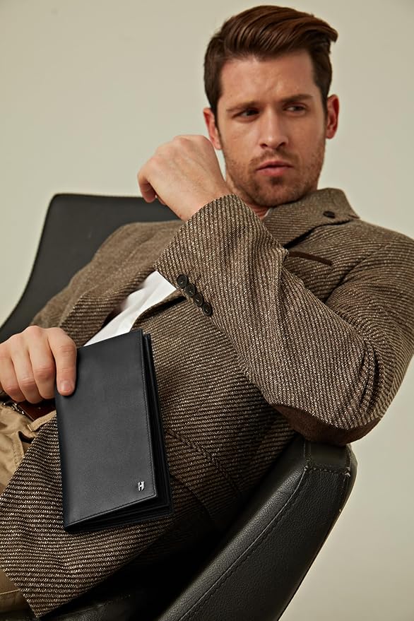 Passport Holder Travel Wallet for Men & Women, RFID Handcrafted Full Grain Leather Cover, 12 Card Slots & 4 Compartments, Gift Box & Pouch, Black