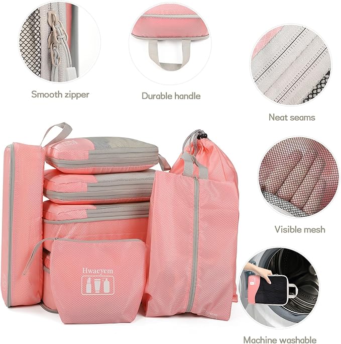 Compression Packing Cubes 8 Set, Dual Zipper Compression Packing Cubes for Travel, See-Through Mesh Packing Bags for Suitcases, packing cubes with shoe bag (Pink)