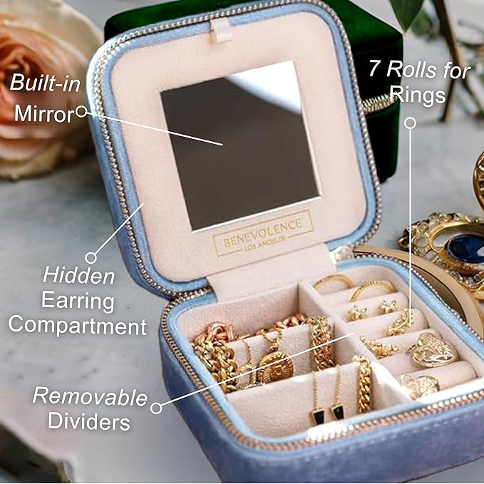 Benevolence LA Plush Velvet Jewelry Box | Travel Jewelry Case Organizer with Mirror | Featured in Oprah's Favorite Things | Best Gifts For Daughter, Girlfriend, Mom | Gifts For Her - Periwinkle Blue