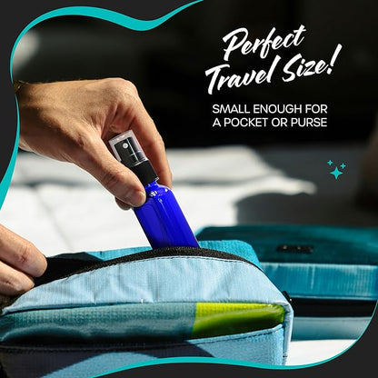 Nevlers Cobalt Blue Glass 1 Oz Small Spray Bottle 48 Pack | Misting Bottle Set w/Shrink Wrap, Funnel, Brush, Marker & Labels | Empty Spray Bottles For Essential Oils, Fragrance, Hand Sanitizer & More