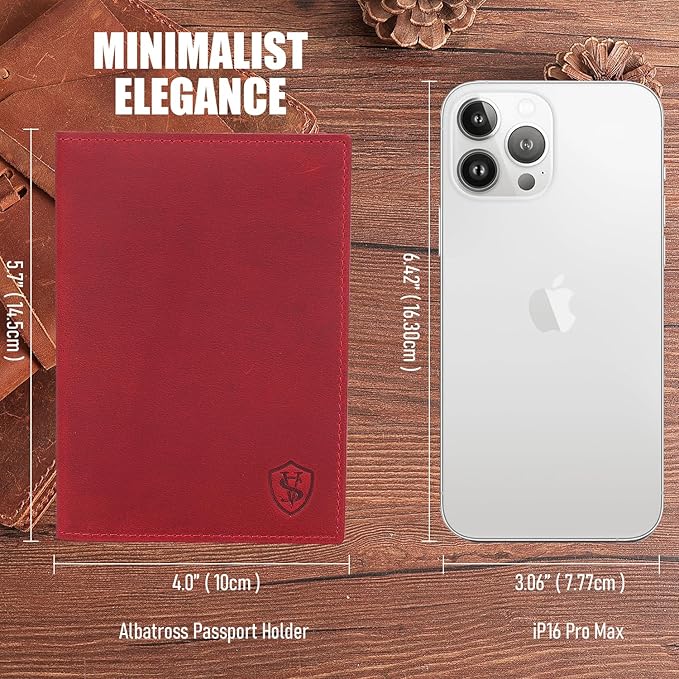 STAR VISTA Albatross Leather Travel Passport Holder, Minimalist Design, Full Grain Leather Case for Women and Men - Slim Passport Wallet, Bifold, RFID Blocking, Crimson Red