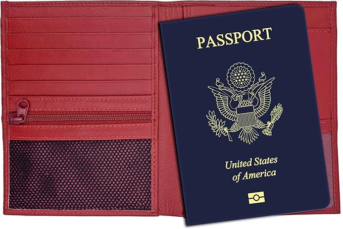 Red RFID Genuine Leather Passport Wallet